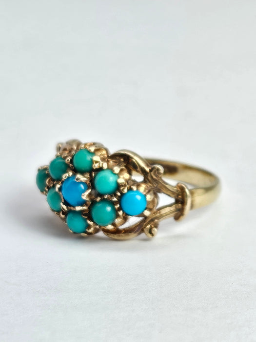 Vintage: 9ct Yellow Gold Turquoise Cluster Ring — From 1975