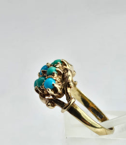 1523: Vintage: 9ct Gold 9 Turquoise Cluster Ring- From Edinburgh 1975