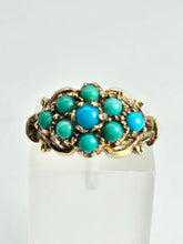 Cargar imagen en el visor de la galería, 1523: Vintage: 9ct Gold 9 Turquoise Cluster Ring- From Edinburgh 1975
