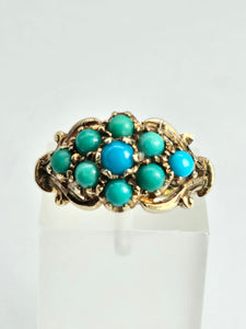 1523: Vintage: 9ct Gold 9 Turquoise Cluster Ring- From Edinburgh 1975