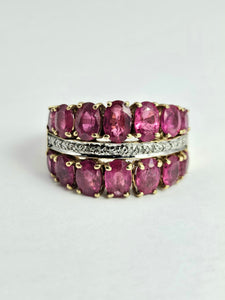 1731: Vintage: 9ct Gold Rubies 20 Diamonds Tiered Cluster Ring- a statement piece