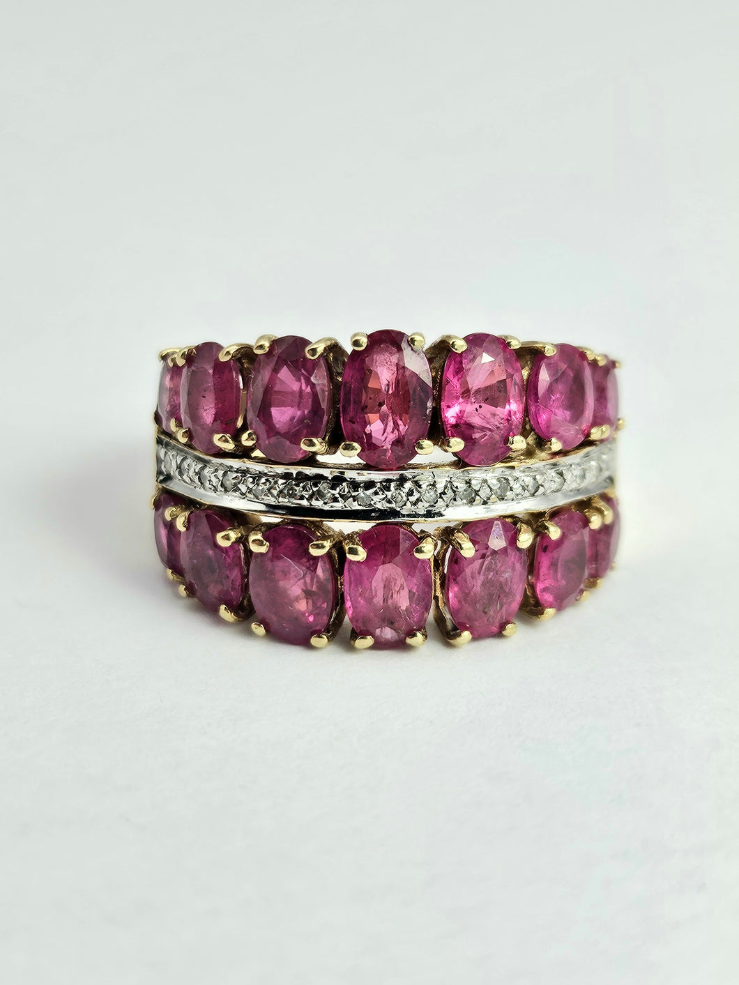 1731: Vintage: 9ct Gold Rubies 20 Diamonds Tiered Cluster Ring- a statement piece