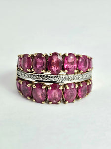 1731: Vintage: 9ct Gold Rubies 20 Diamonds Tiered Cluster Ring- a statement piece