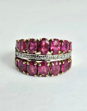 Load image into Gallery viewer, 1731: Vintage: 9ct Gold Rubies 20 Diamonds Tiered Cluster Ring- a statement piece
