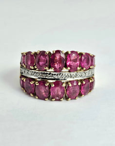 1731: Vintage: 9ct Gold Rubies 20 Diamonds Tiered Cluster Ring- a statement piece