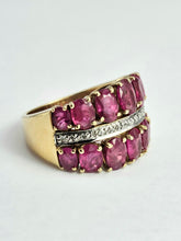 Load image into Gallery viewer, 1731: Vintage: 9ct Gold Rubies 20 Diamonds Tiered Cluster Ring- a statement piece
