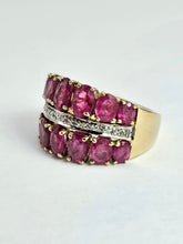 Load image into Gallery viewer, 1731: Vintage: 9ct Gold Rubies 20 Diamonds Tiered Cluster Ring- a statement piece
