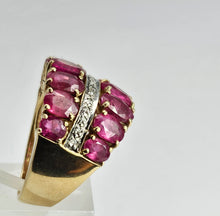 Load image into Gallery viewer, 1731: Vintage: 9ct Gold Rubies 20 Diamonds Tiered Cluster Ring- a statement piece
