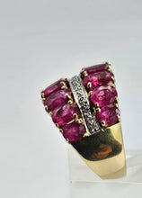 Load image into Gallery viewer, 1731: Vintage: 9ct Gold Rubies 20 Diamonds Tiered Cluster Ring- a statement piece

