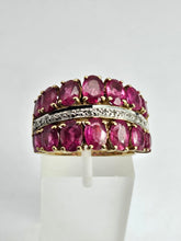 Load image into Gallery viewer, 1731: Vintage: 9ct Gold Rubies 20 Diamonds Tiered Cluster Ring- a statement piece
