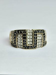 1736: Vintage: 9ct Gold Black & White Diamonds Greek Key Ring- 72 natural sparkling diamonds
