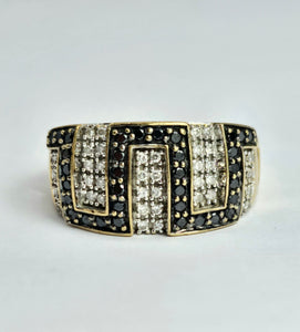 1736: Vintage: 9ct Gold Black & White Diamonds Greek Key Ring- 72 natural sparkling diamonds