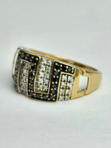 1736: Vintage: 9ct Gold Black & White Diamonds Greek Key Ring- 72 natural sparkling diamonds