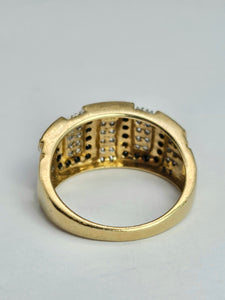 1736: Vintage: 9ct Gold Black & White Diamonds Greek Key Ring- 72 natural sparkling diamonds