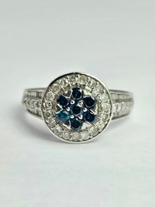 1738: Vintage: 9ct White Gold Cornflower Blue Sapphires Diamonds Encrusted Dress Ring