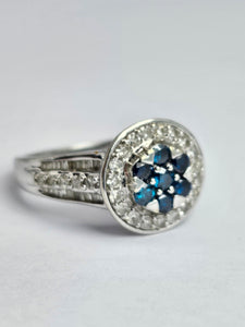 1738: Vintage: 9ct White Gold Cornflower Blue Sapphires Diamonds Encrusted Dress Ring