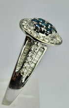 Cargar imagen en el visor de la galería, 1738: Vintage: 9ct White Gold Cornflower Blue Sapphires Diamonds Encrusted Dress Ring
