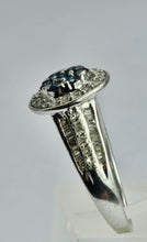 Cargar imagen en el visor de la galería, 1738: Vintage: 9ct White Gold Cornflower Blue Sapphires Diamonds Encrusted Dress Ring
