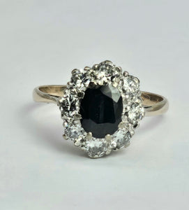 1677: Vintage; 18ct White Gold French Blue Sapphire Diamonds (1.2ct) Diana Cluster Ring.