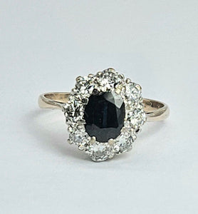 1677: Vintage; 18ct White Gold French Blue Sapphire Diamonds (1.2ct) Diana Cluster Ring.