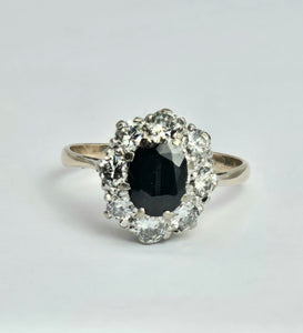 1677: Vintage; 18ct White Gold French Blue Sapphire Diamonds (1.2ct) Diana Cluster Ring.