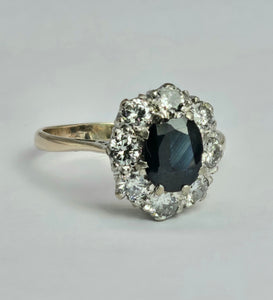 1677: Vintage; 18ct White Gold French Blue Sapphire Diamonds (1.2ct) Diana Cluster Ring.