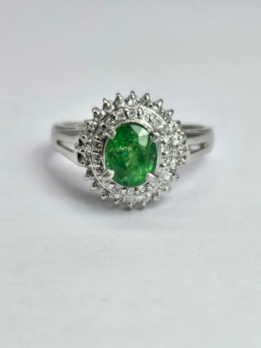 1799: Vintage: Platinum Emerald Diamonds Flower Cluster Ring- something very special.
