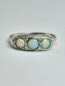 1800 : Vintage: Platinum Opals Diamonds Dress Ring- perfectly proportioned beauty.