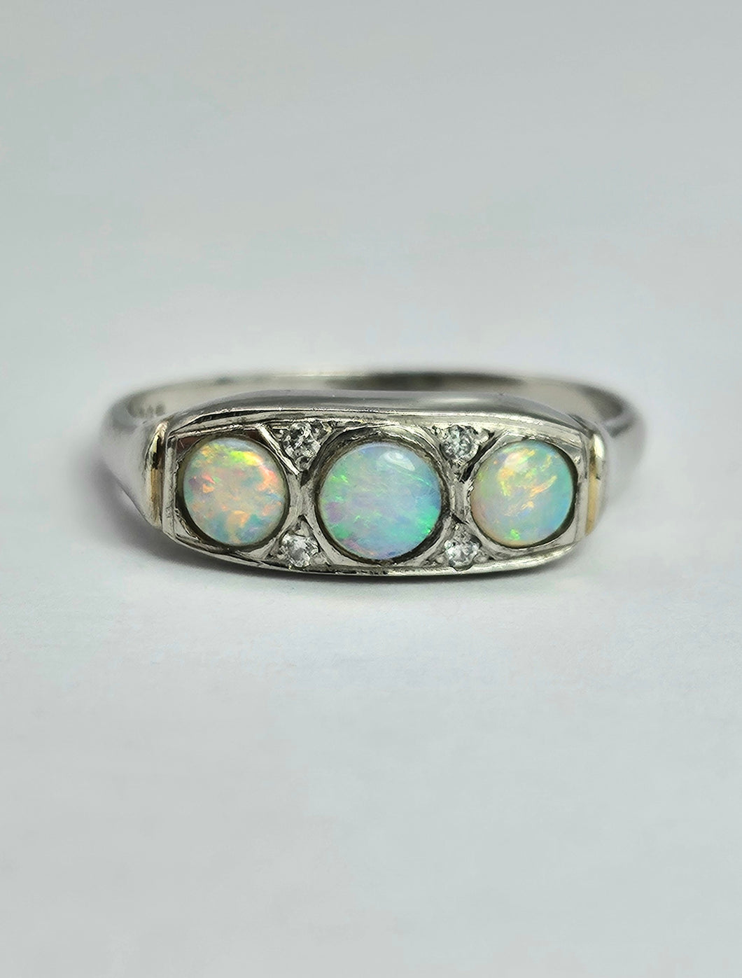 1800 : Vintage: Platinum Opals Diamonds Dress Ring- perfectly proportioned beauty.