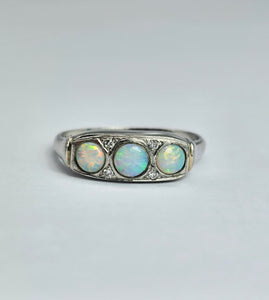 1800 : Vintage: Platinum Opals Diamonds Dress Ring- perfectly proportioned beauty.