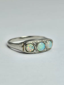 1800 : Vintage: Platinum Opals Diamonds Dress Ring- perfectly proportioned beauty.