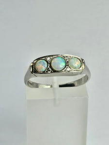 1800 : Vintage: Platinum Opals Diamonds Dress Ring- perfectly proportioned beauty.