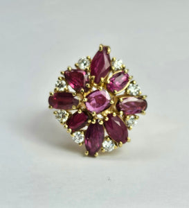 1803 Vintage: 14cr Gold Rubies (3.8ct) Diamonds Floral Cluster Ring- spectacular