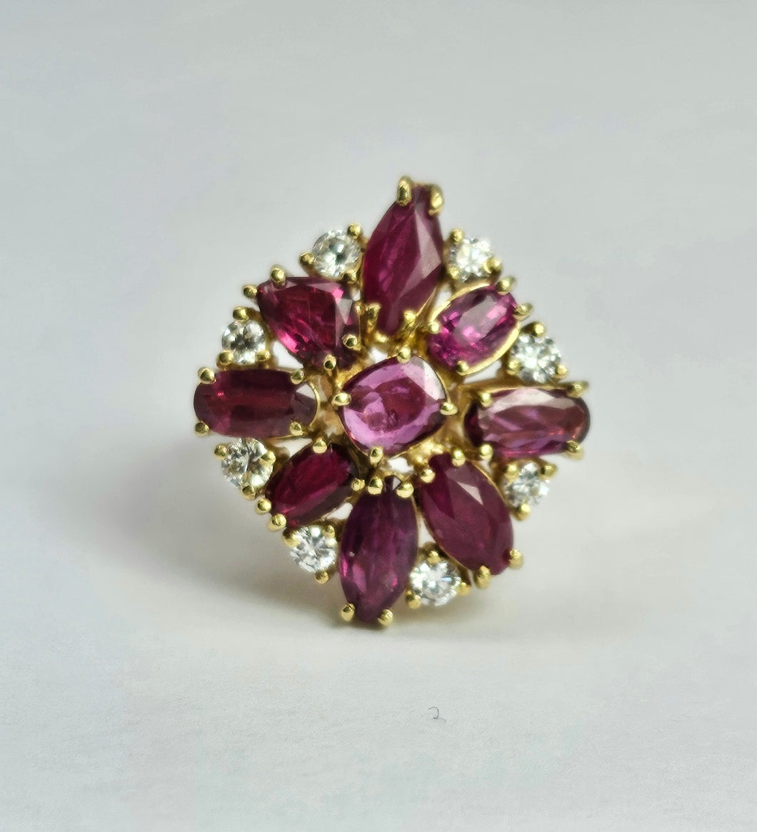 1803 Vintage: 14cr Gold Rubies (3.8ct) Diamonds Floral Cluster Ring- spectacular