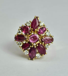 1803 Vintage: 14cr Gold Rubies (3.8ct) Diamonds Floral Cluster Ring- spectacular