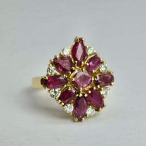 1803 Vintage: 14cr Gold Rubies (3.8ct) Diamonds Floral Cluster Ring- spectacular