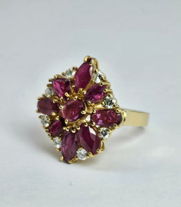 1803 Vintage: 14cr Gold Rubies (3.8ct) Diamonds Floral Cluster Ring- spectacular
