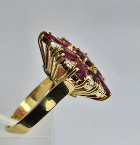 1803 Vintage: 14cr Gold Rubies (3.8ct) Diamonds Floral Cluster Ring- spectacular