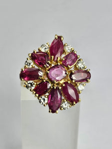 1803 Vintage: 14cr Gold Rubies (3.8ct) Diamonds Floral Cluster Ring- spectacular