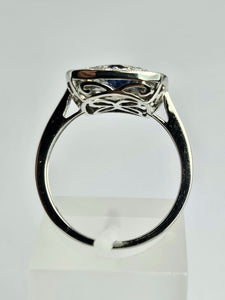 1804: Vintage: 18ct White Gold Blue Sapphires Diamonds Panel Ring- Stylish Art Deco