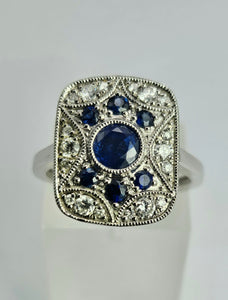 1804: Vintage: 18ct White Gold Blue Sapphires Diamonds Panel Ring- Stylish Art Deco