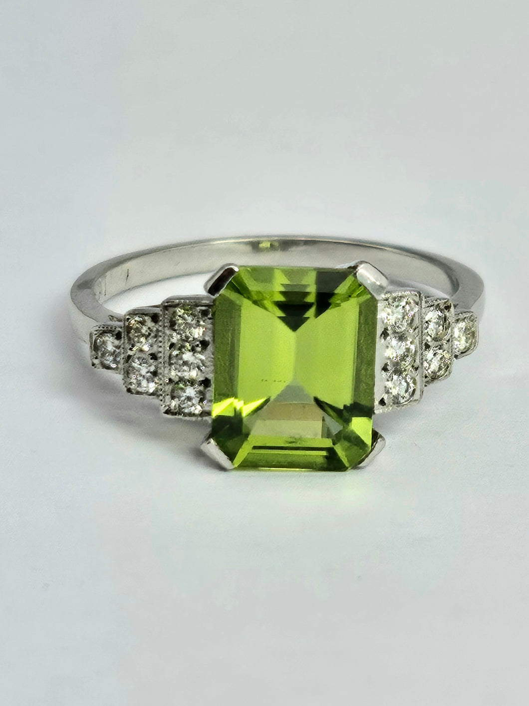 1805: Vintage: Platinum Emerald Cut Peridot Diamonds Ring- crisp, sparkling, eye candy