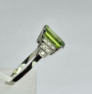 1805: Vintage: Platinum Emerald Cut Peridot Diamonds Ring- crisp, sparkling, eye candy