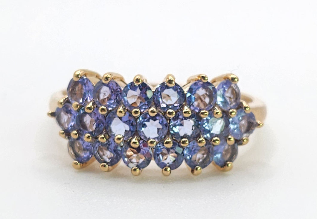 1371: Vintage: 9ct Gold 19 Blue Tanzanites Tiered Cocktail Ring- lovely cut and colours