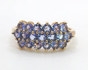 1371: Vintage: 9ct Gold 19 Blue Tanzanites Tiered Cocktail Ring- lovely cut and colours