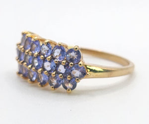 1371: Vintage: 9ct Gold 19 Blue Tanzanites Tiered Cocktail Ring- lovely cut and colours
