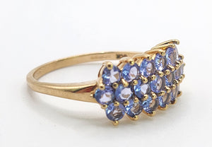 1371: Vintage: 9ct Gold 19 Blue Tanzanites Tiered Cocktail Ring- lovely cut and colours
