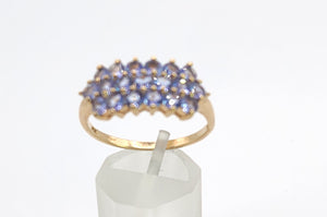 1371: Vintage: 9ct Gold 19 Blue Tanzanites Tiered Cocktail Ring- lovely cut and colours