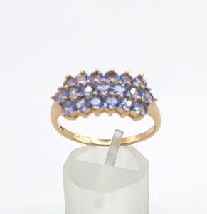 1371: Vintage: 9ct Gold 19 Blue Tanzanites Tiered Cocktail Ring- lovely cut and colours
