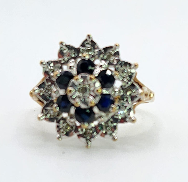Vintage: 9ct Gold Blue Sapphire & Diamond Starburst Cluster Ring